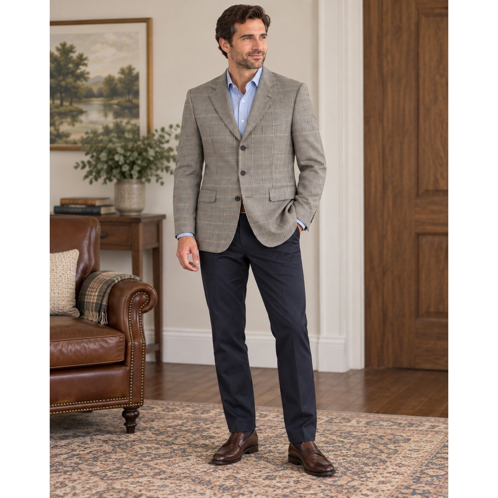 Alan Flusser Blazer Gray Glen Check Silk Wool 3-Button Sport Coat 44R